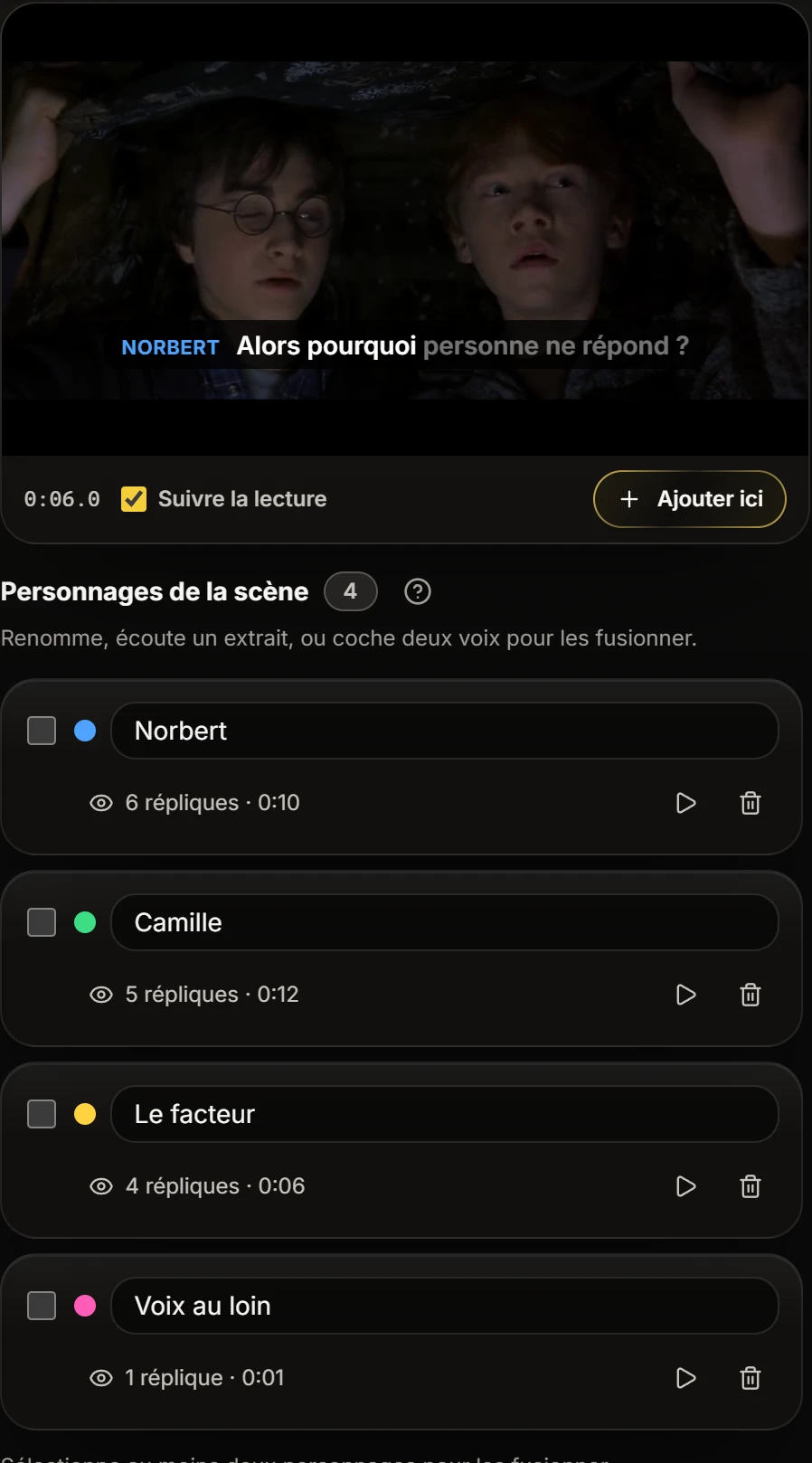 Une carte de personnage : nom, nombre de répliques, temps de parole et écoute.